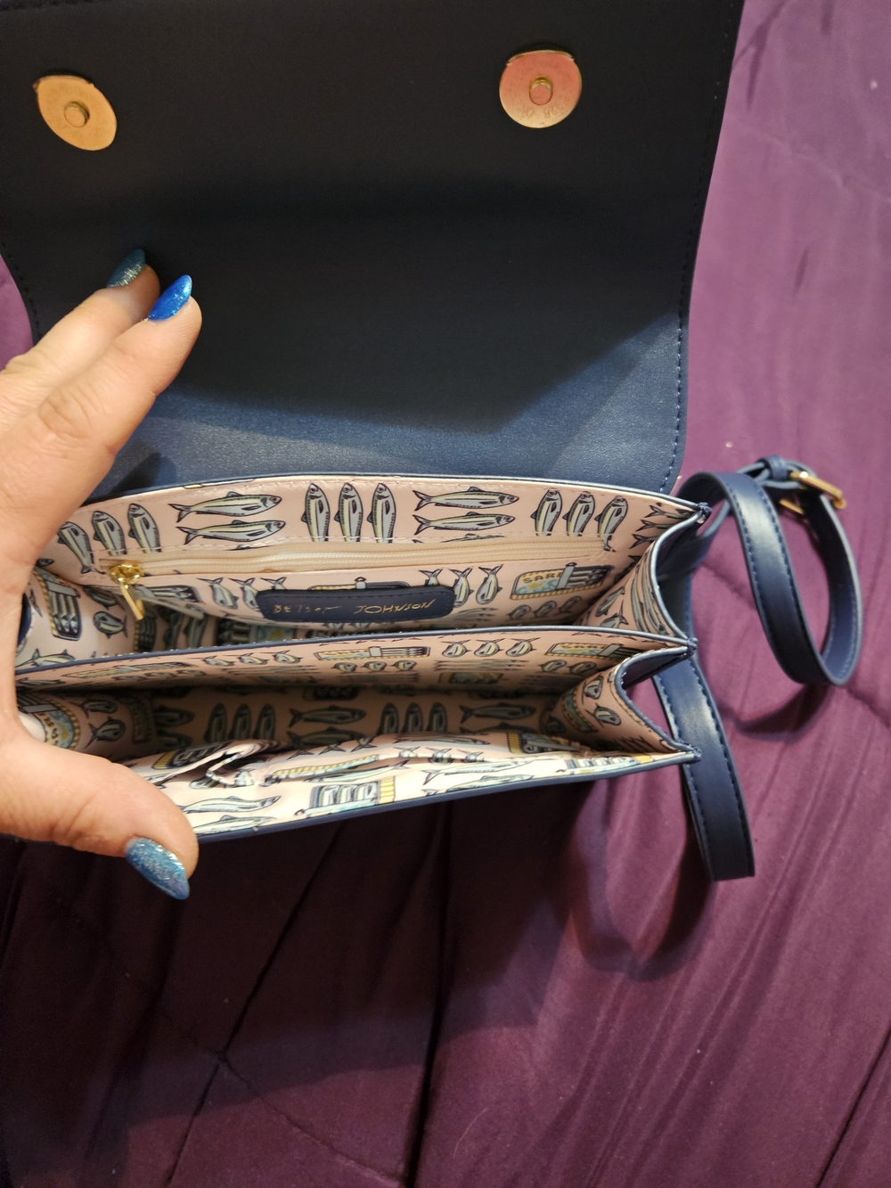 Betsey Johnson Navy and Peach Fish-Print Mini Satchel - Picture 3 of 4